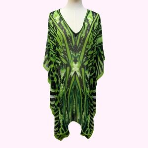 La Moda Kaftan Green Animal Print Rhinestone STUNNING OS